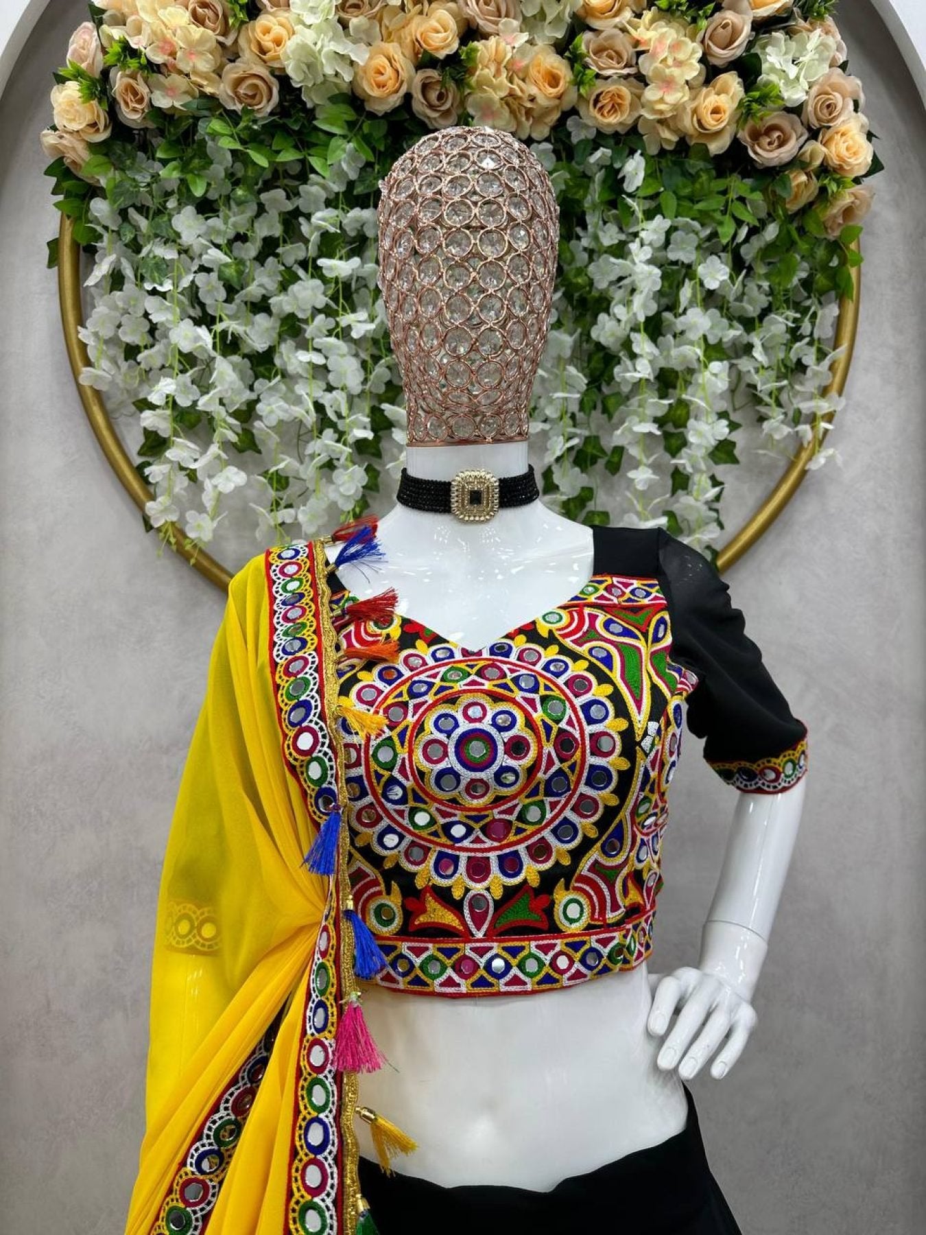 Black Faux Georgette Lehenga Choli with Original Mirror Work For Navarati Special blouse and dupatta detail