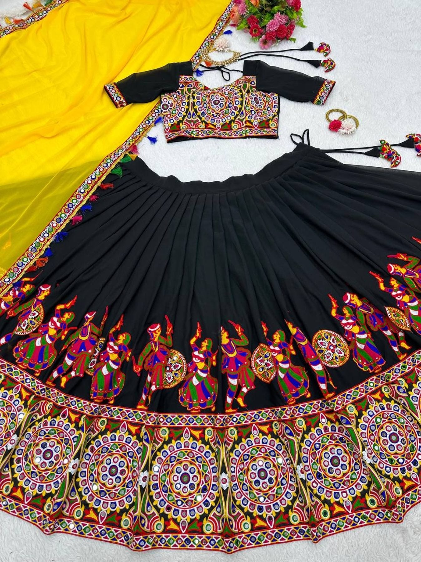 Black Faux Georgette Lehenga Choli with Original Mirror Work For Navarati Special embroidery close-up