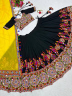 Black Faux Georgette Lehenga Choli with Original Mirror Work For Navarati Special fabric texture detail