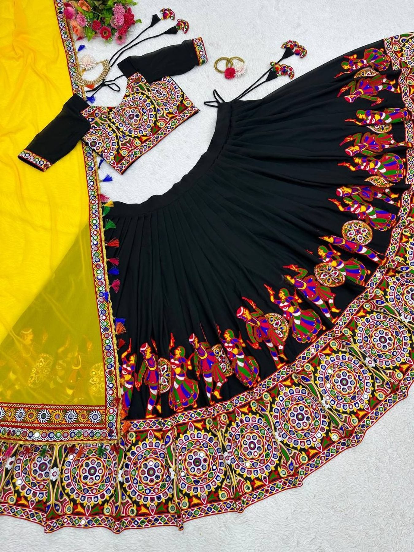 Black Faux Georgette Lehenga Choli with Original Mirror Work For Navarati Special fabric texture detail