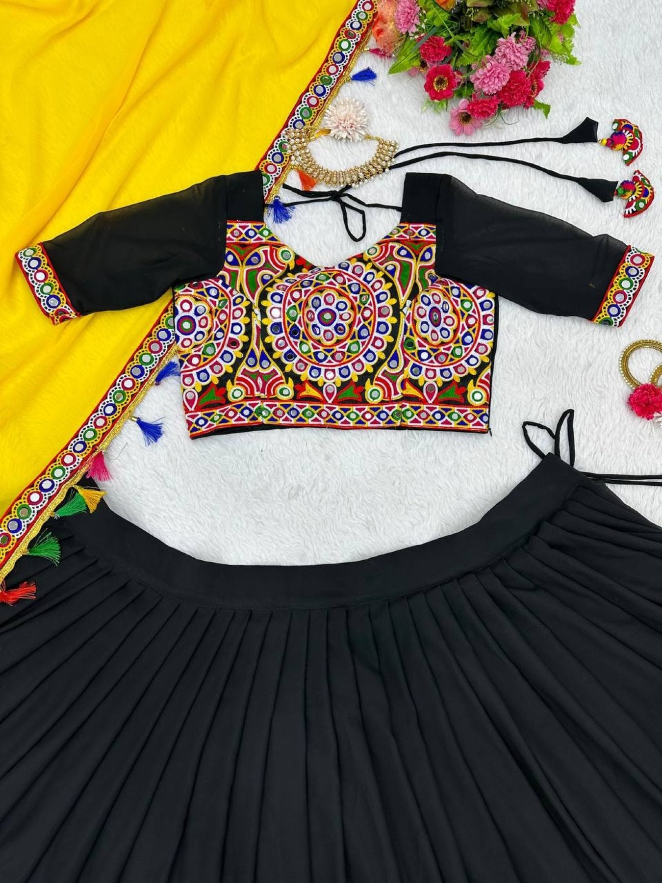Black Faux Georgette Lehenga Choli with Original Mirror Work For Navarati Special styling view