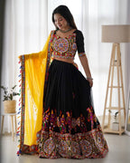 Black Faux Georgette Lehenga Choli with Original Mirror Work For Navarati Special blouse and dupatta detail