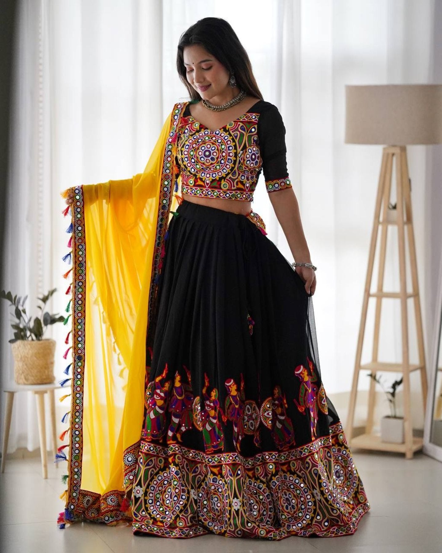 Black Faux Georgette Lehenga Choli with Original Mirror Work For Navarati Special blouse and dupatta detail