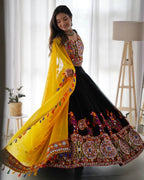 Black Faux Georgette Lehenga Choli with Original Mirror Work For Navarati Special embroidery close-up