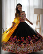 Black Faux Georgette Lehenga Choli with Original Mirror Work For Navarati Special fabric texture detail