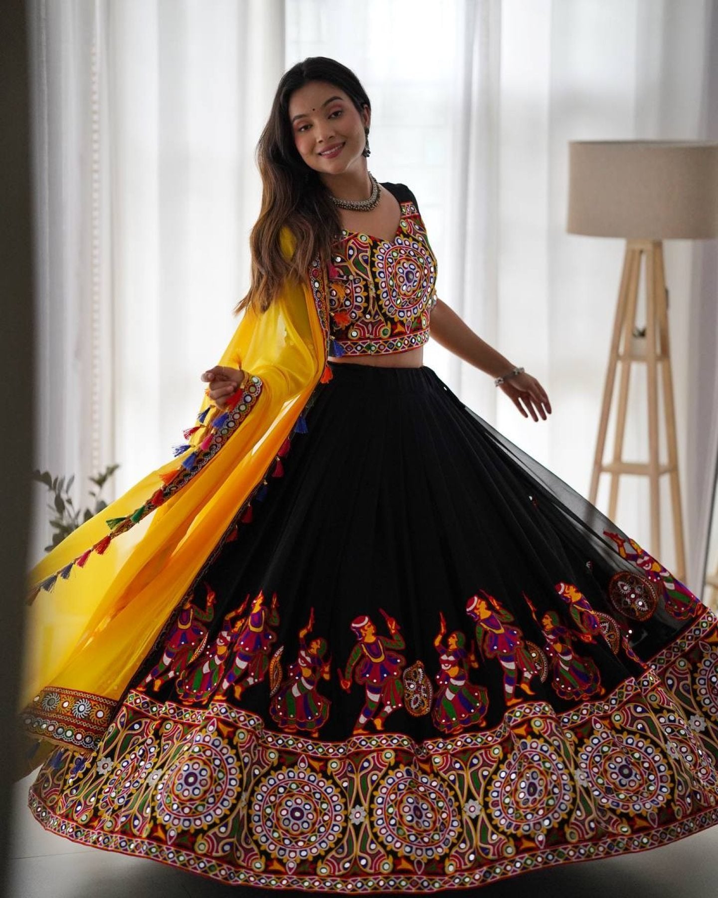 Black Faux Georgette Lehenga Choli with Original Mirror Work For Navarati Special fabric texture detail