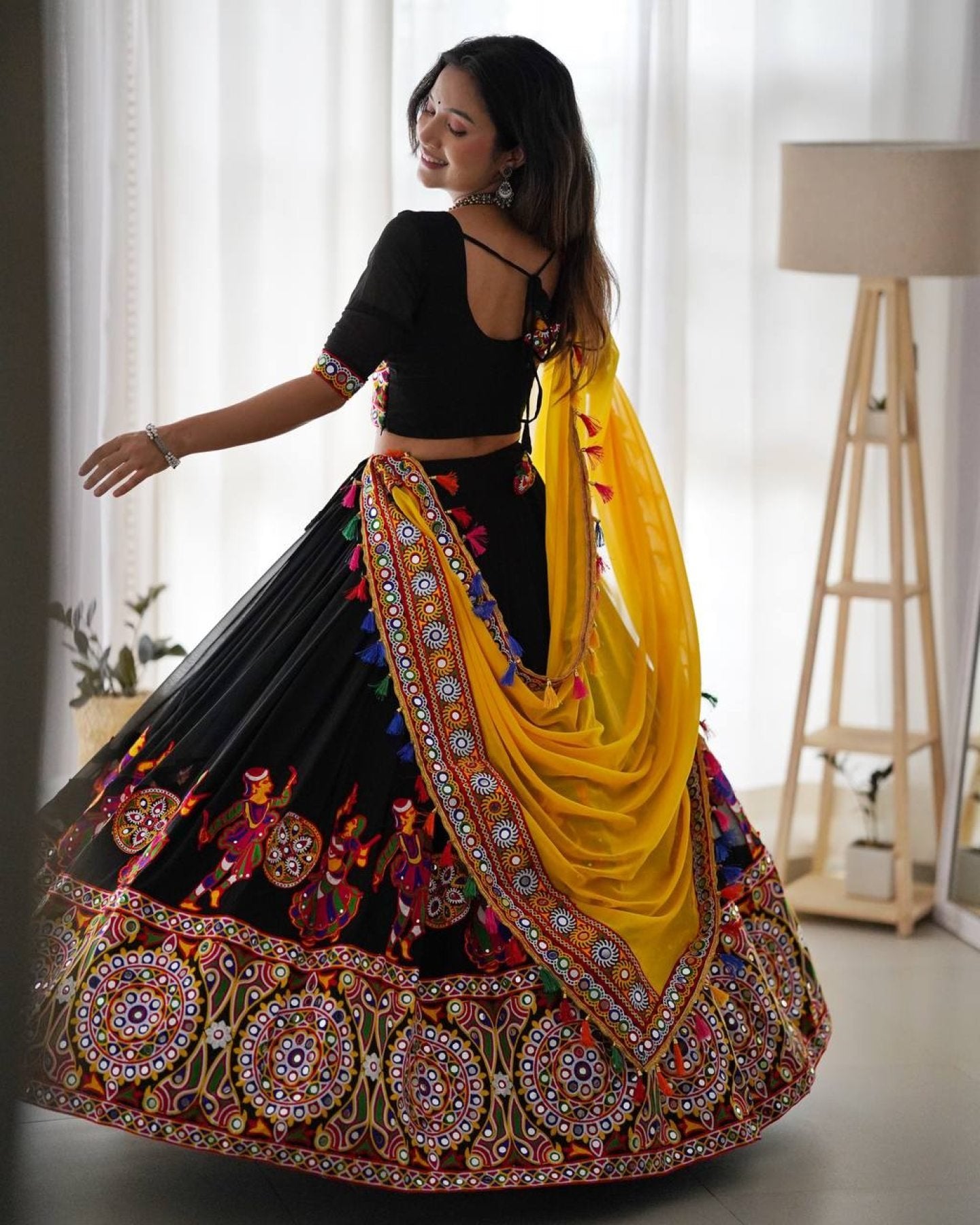 Black Faux Georgette Lehenga Choli with Original Mirror Work For Navarati Special back view