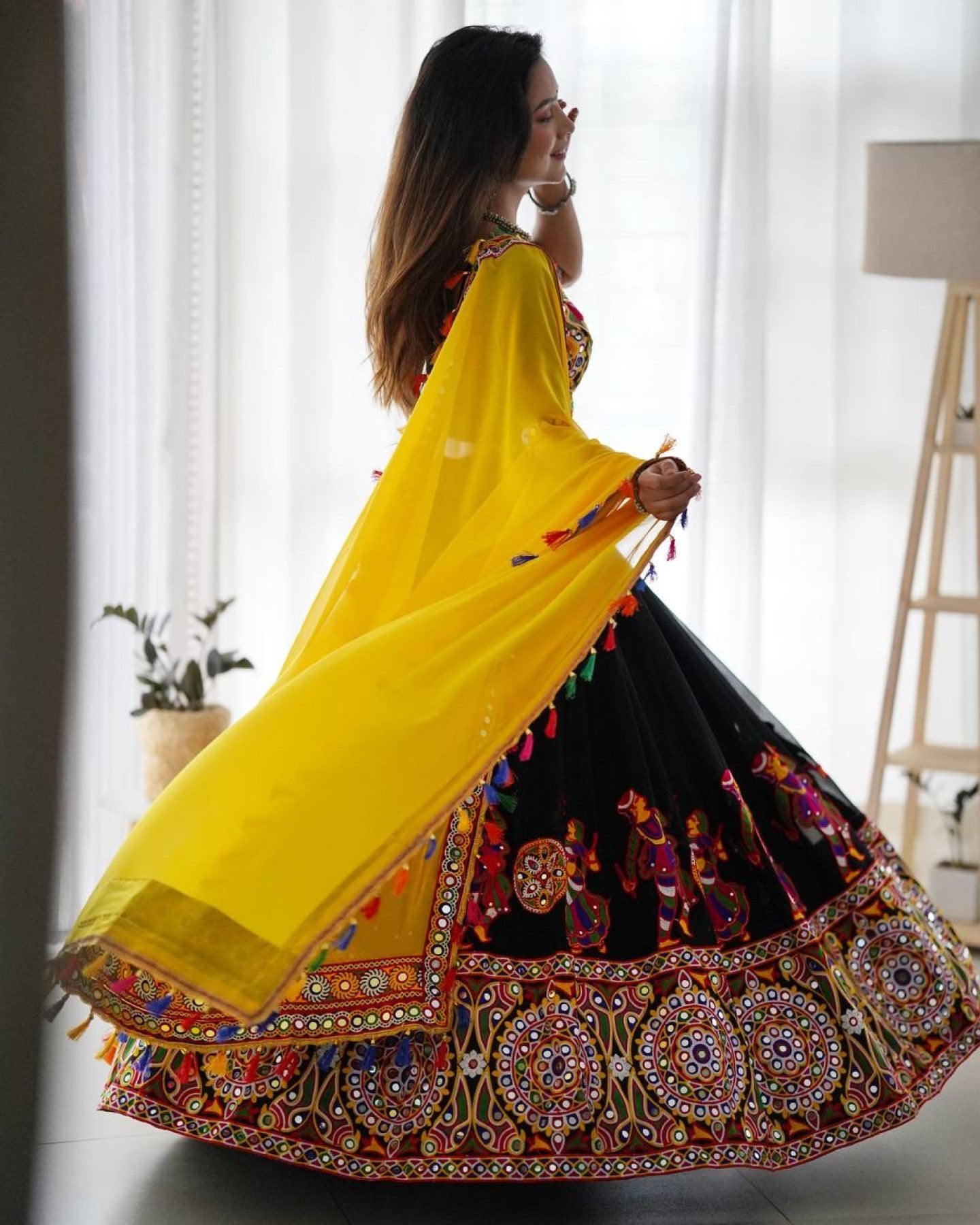 Black Faux Georgette Lehenga Choli with Original Mirror Work For Navarati Special styling view