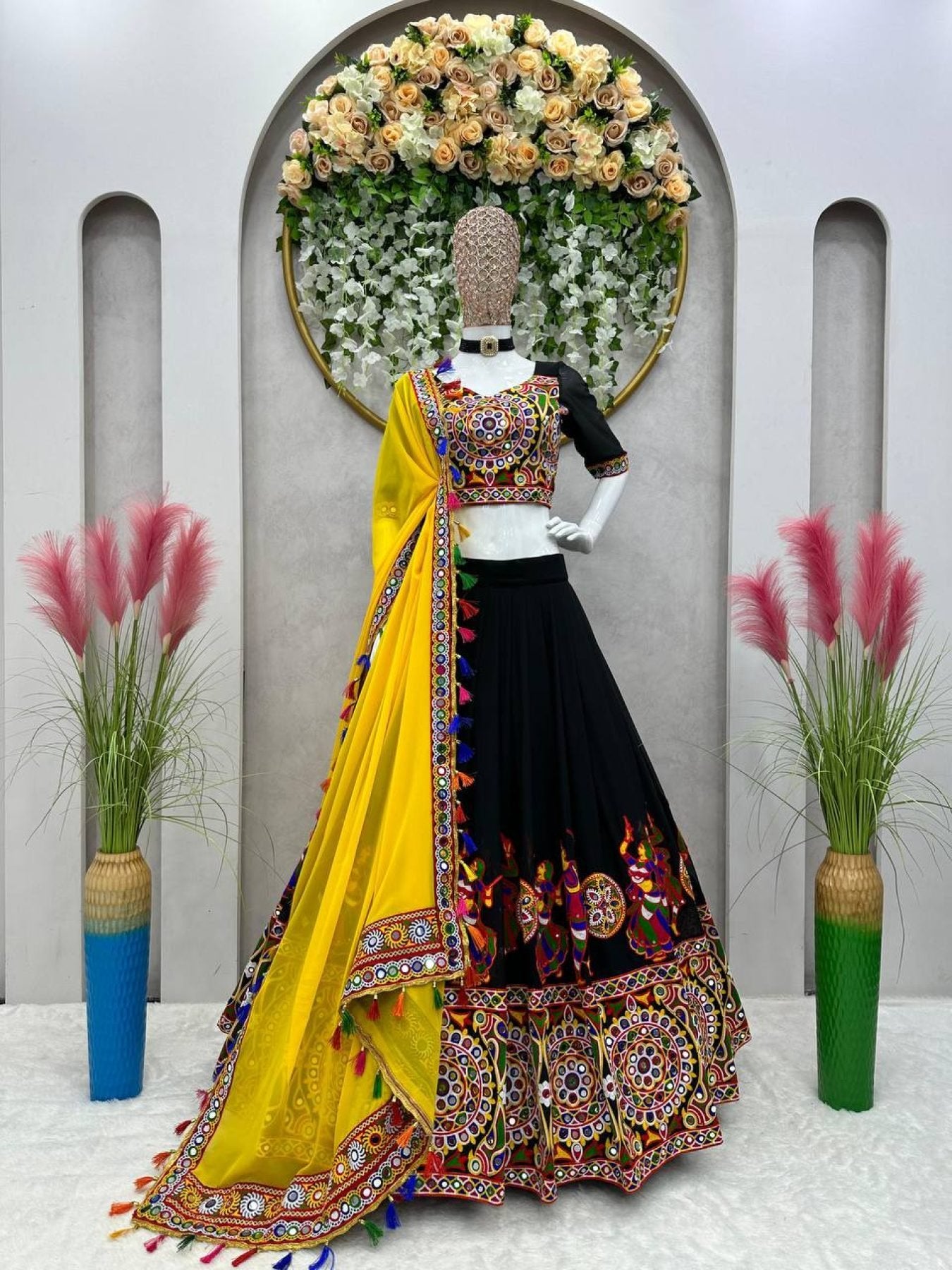 Black Faux Georgette Lehenga Choli with Original Mirror Work For Navarati Special full drape view