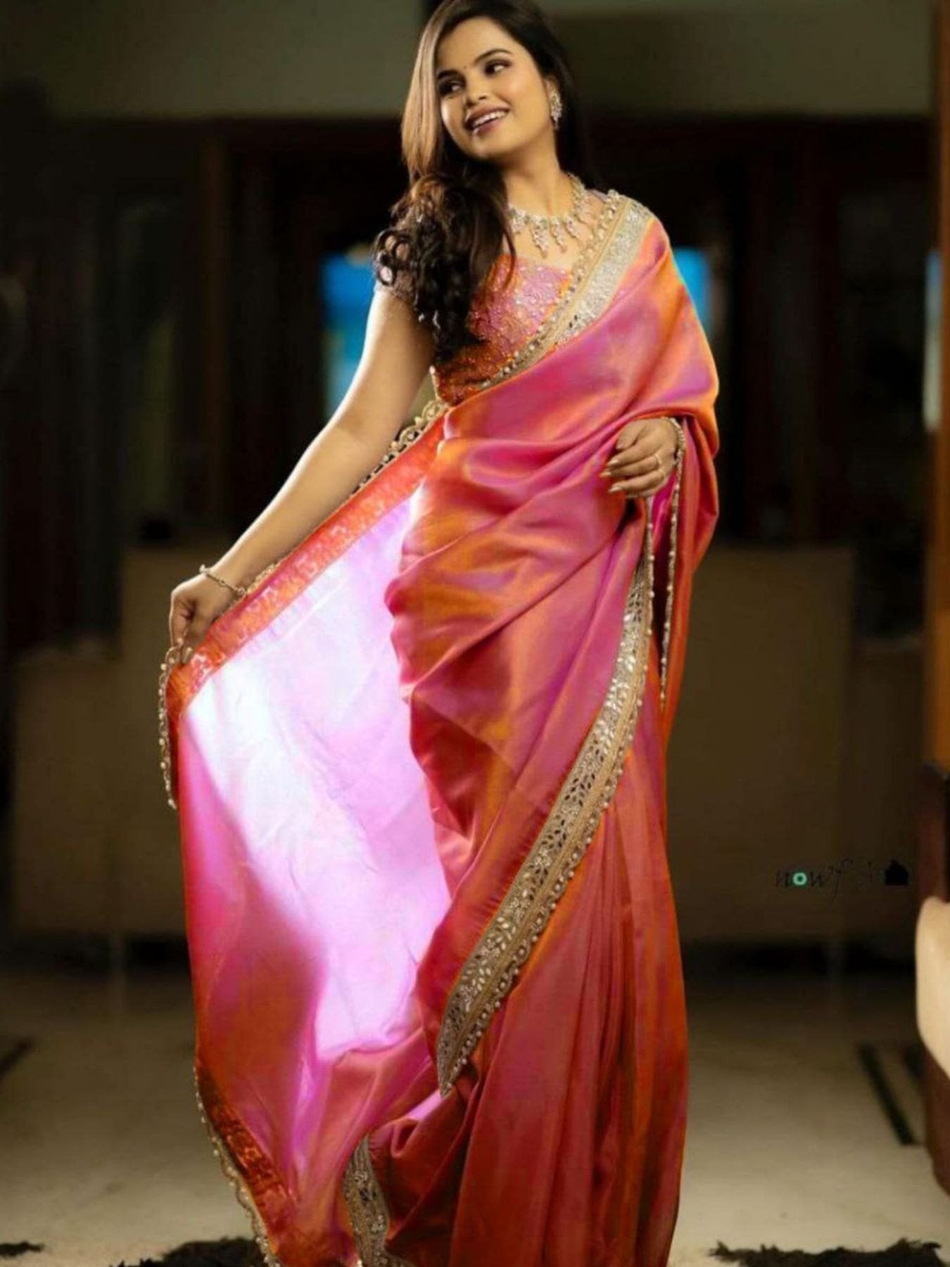 Pink Tissue Saree for women - full front view | Snyvia