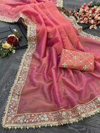 Pink Tissue Saree - side drape view