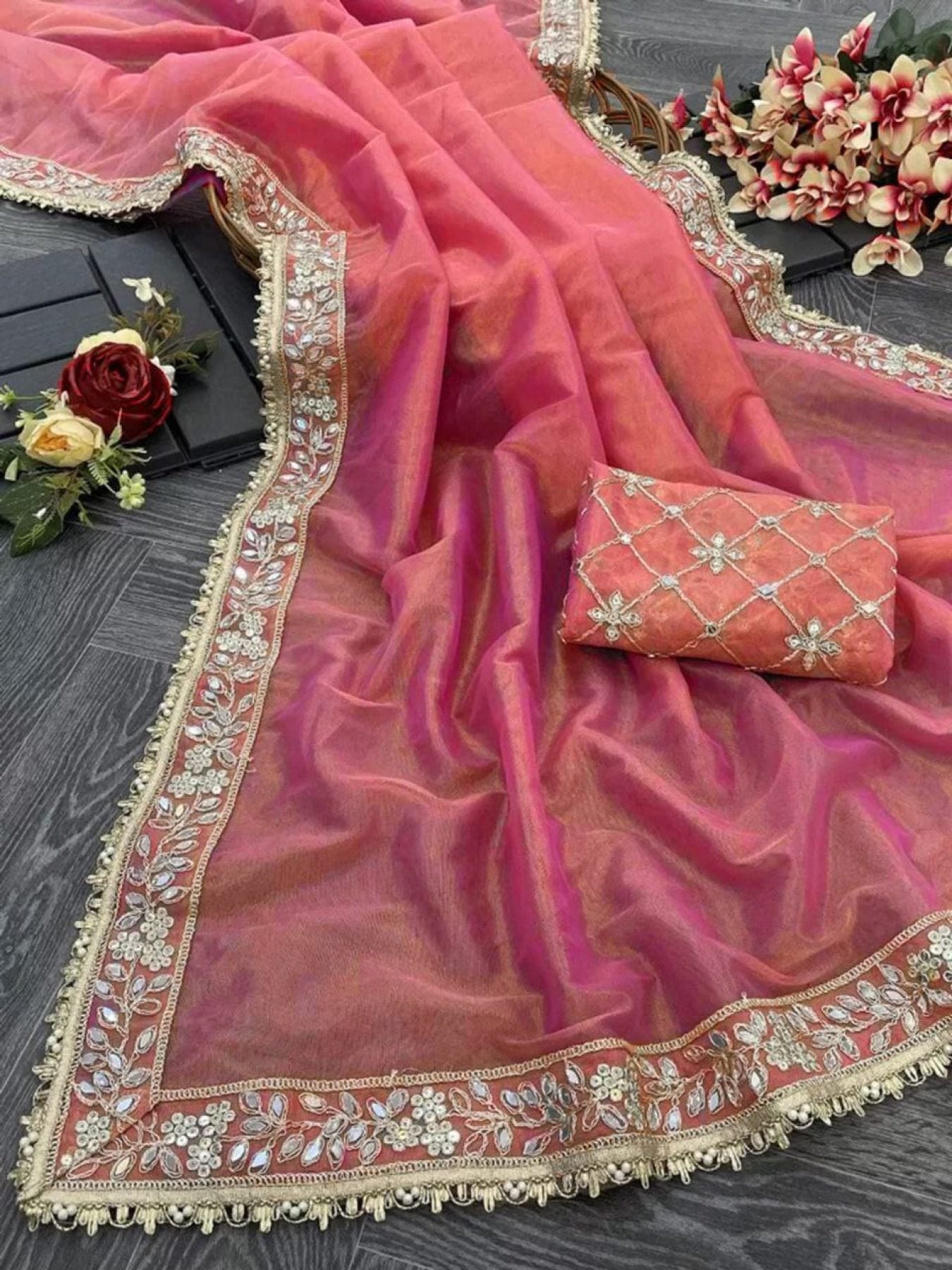 Pink Tissue Saree - side drape view