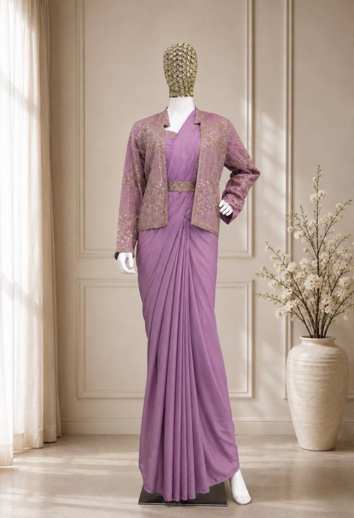 Lavender Crepe Saree - Embroidery back view