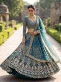 Teal Butterfly Net Lehenga with Embroidery Sequins Work for women | Snyvia