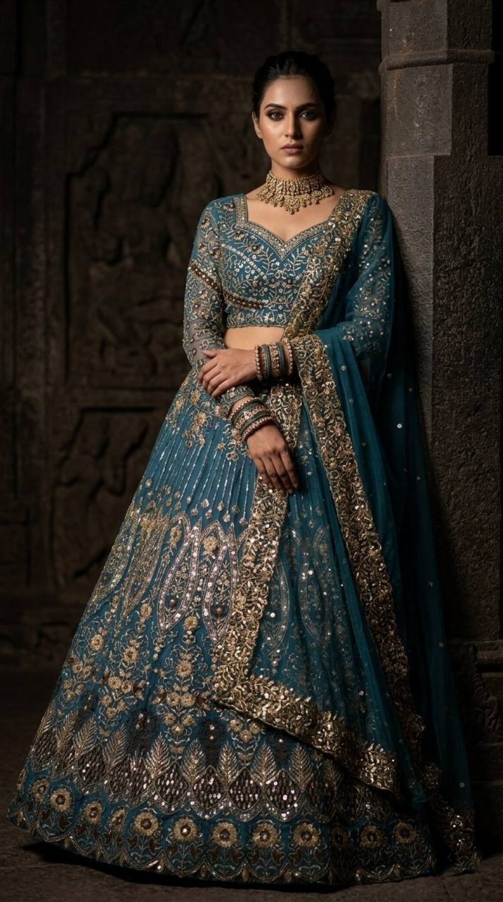 Teal Butterfly Net Lehenga with Embroidery Sequins Work full drape view