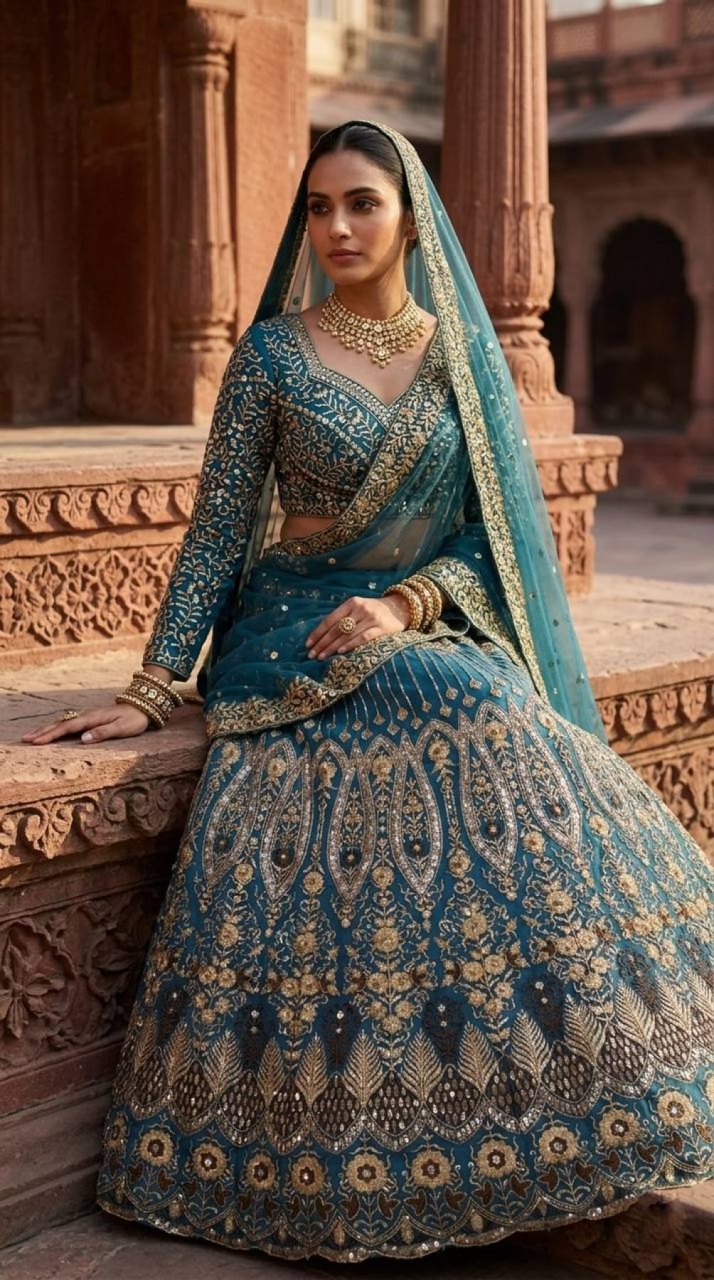 Teal Butterfly Net Lehenga with Embroidery Sequins Work blouse and dupatta detail
