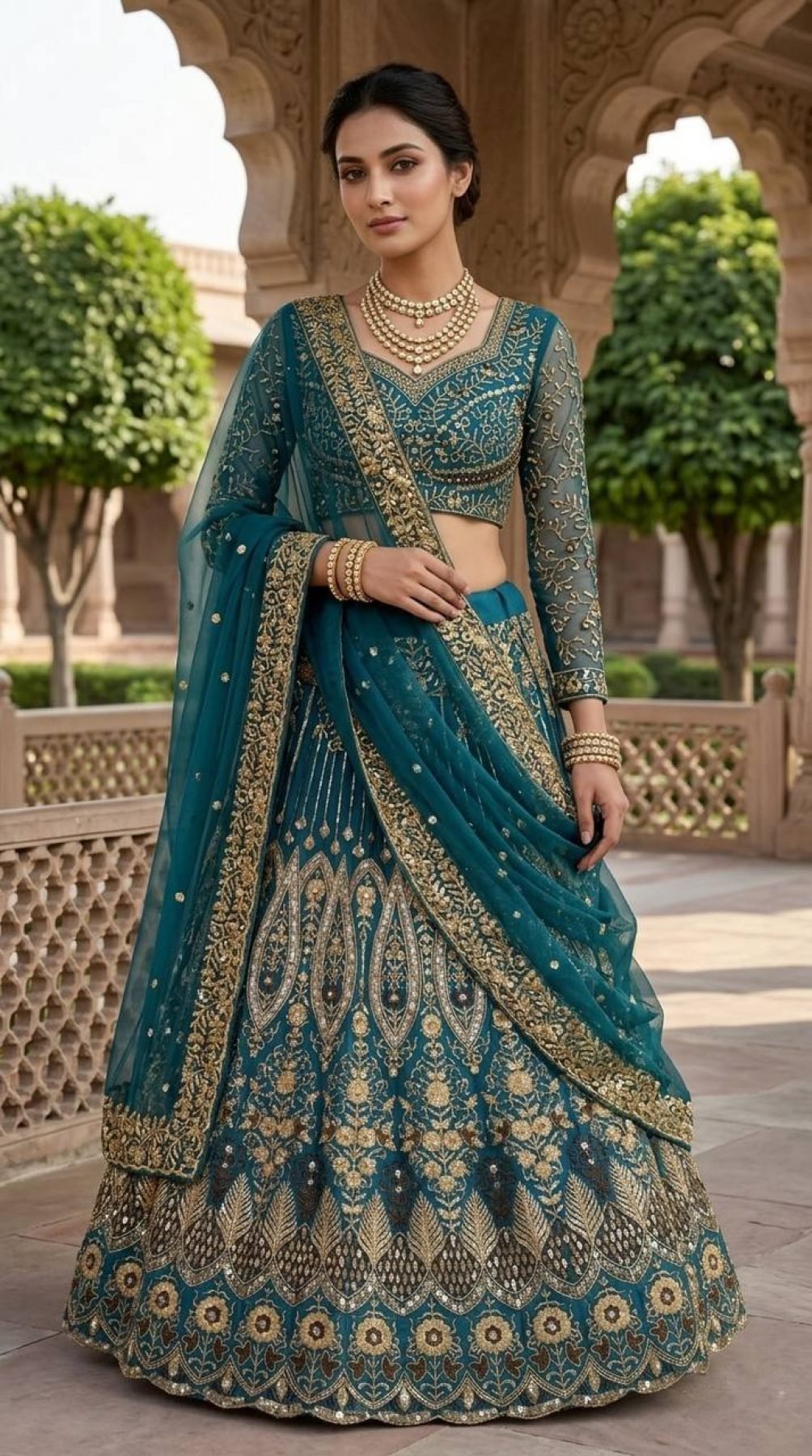 Teal Butterfly Net Lehenga with Embroidery Sequins Work detailed view