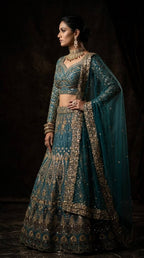 Teal Butterfly Net Lehenga with Embroidery Sequins Work fabric texture detail