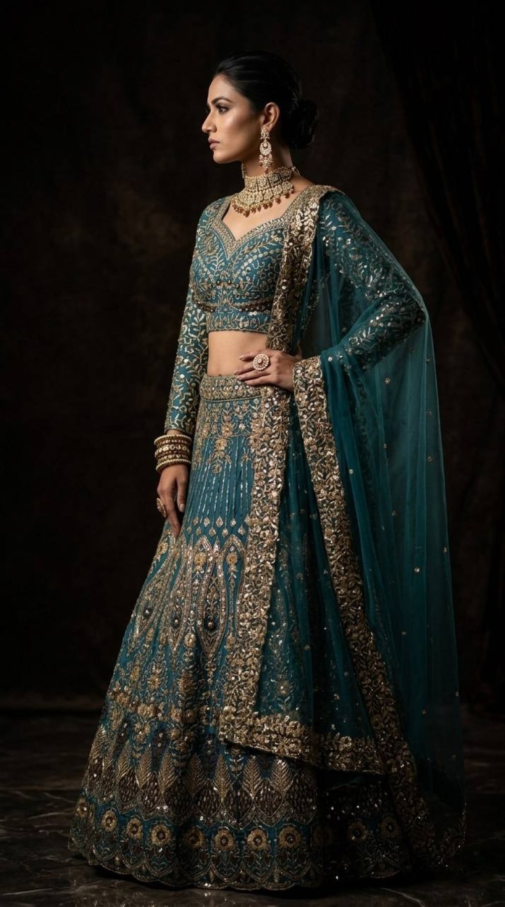 Teal Butterfly Net Lehenga with Embroidery Sequins Work fabric texture detail