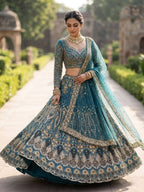 Teal Butterfly Net Lehenga with Embroidery Sequins Work back view