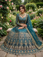 Teal Butterfly Net Lehenga with Embroidery Sequins Work styling view