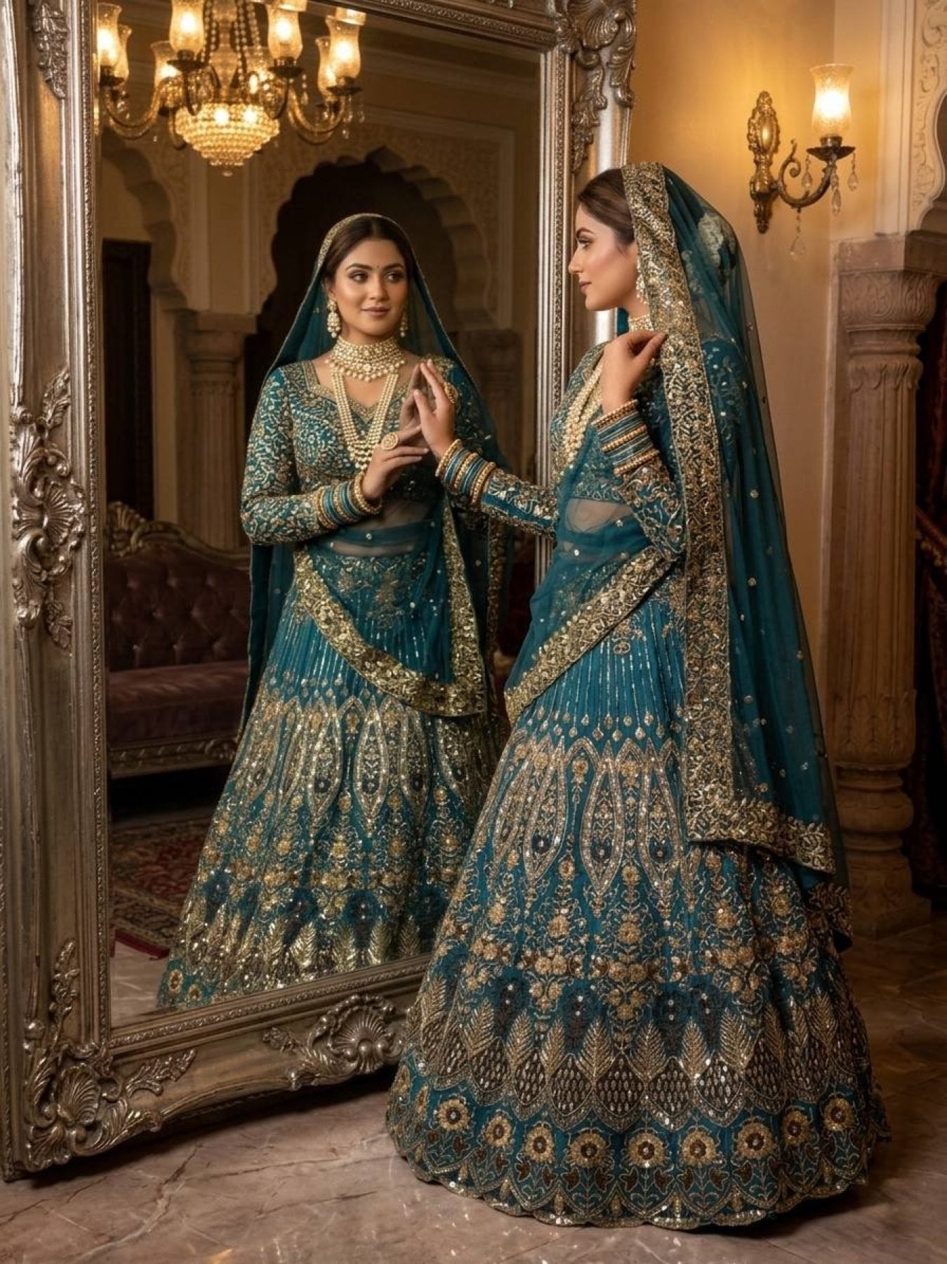 Teal Butterfly Net Lehenga with Embroidery Sequins Work colour variant view