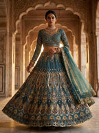 Teal Butterfly Net Lehenga with Embroidery Sequins Work front view
