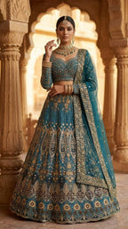 Teal Butterfly Net Lehenga with Embroidery Sequins Work full drape view