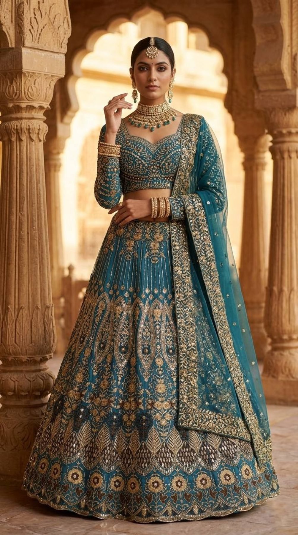 Teal Butterfly Net Lehenga with Embroidery Sequins Work full drape view