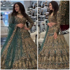Teal Butterfly Net Lehenga with Embroidery Sequins Work full drape view
