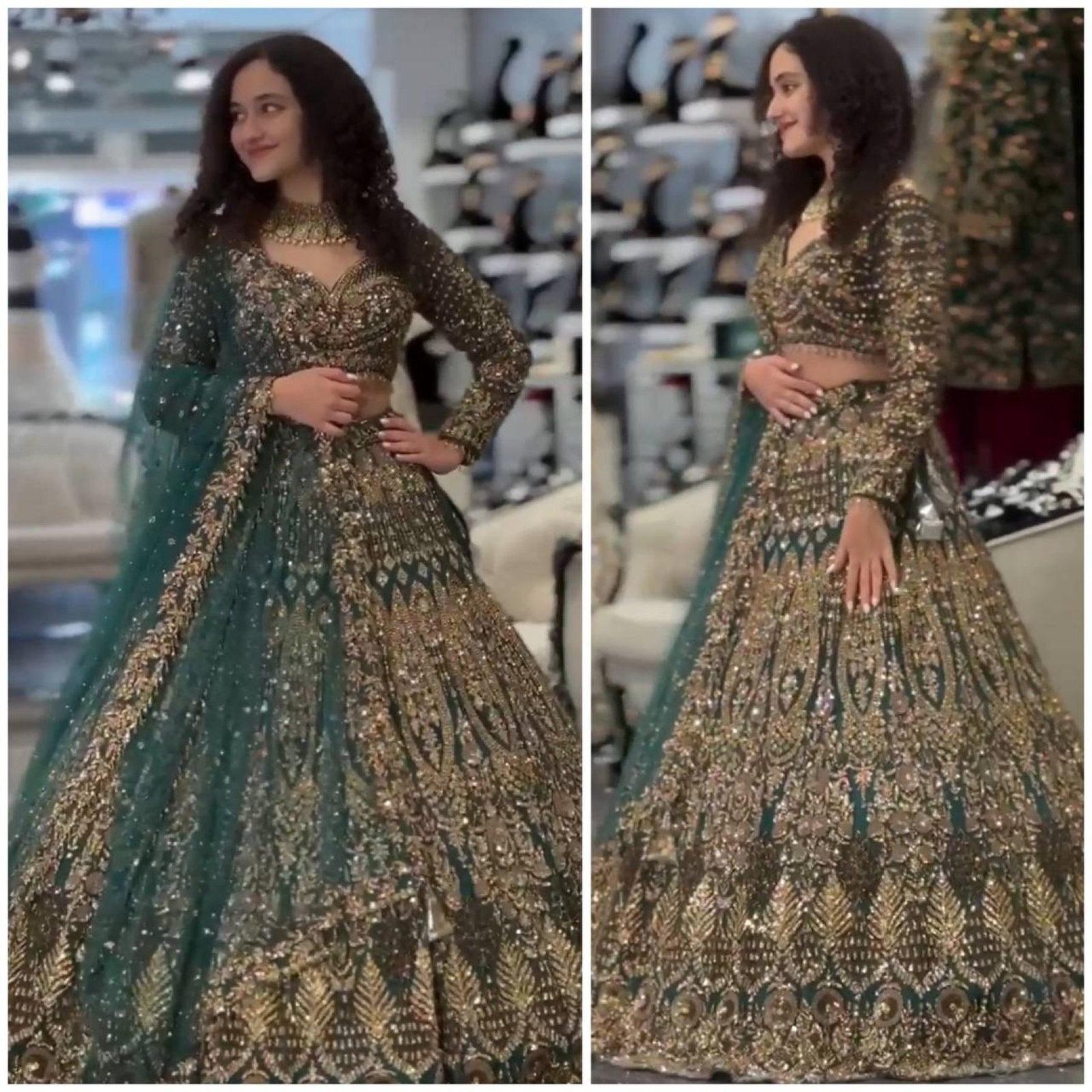 Teal Butterfly Net Lehenga with Embroidery Sequins Work full drape view