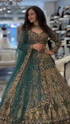 Teal Butterfly Net Lehenga with Embroidery Sequins Work detailed view