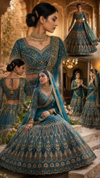 Teal Butterfly Net Lehenga with Embroidery Sequins Work back view