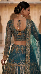 Teal Butterfly Net Lehenga with Embroidery Sequins Work styling view