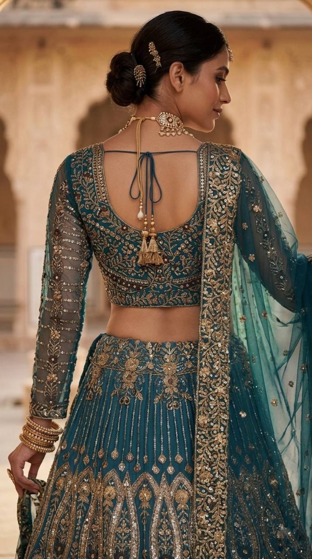 Teal Butterfly Net Lehenga with Embroidery Sequins Work styling view