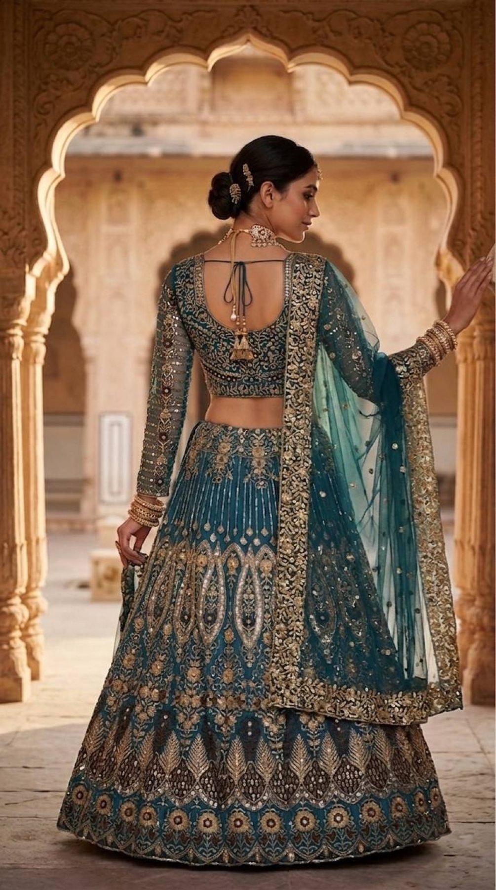 Teal Butterfly Net Lehenga with Embroidery Sequins Work colour variant view
