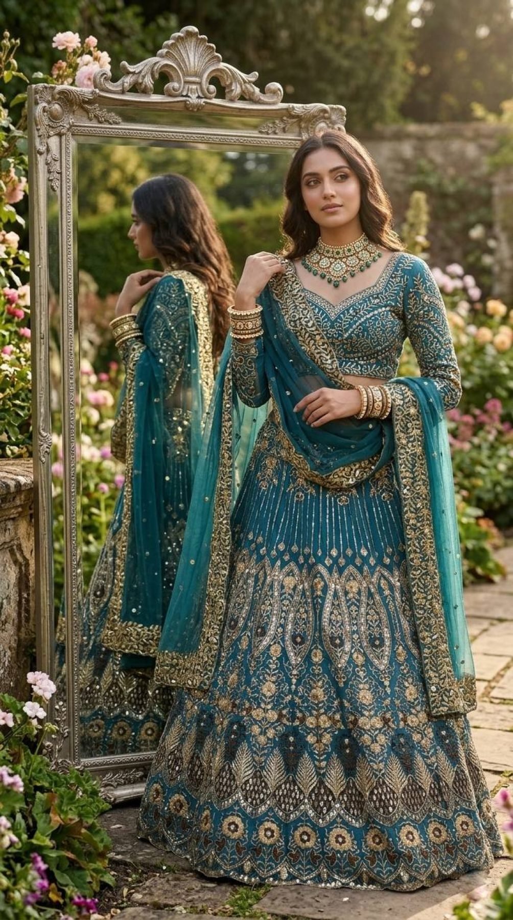 Teal Butterfly Net Lehenga with Embroidery Sequins Work front view