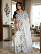 White Georgette Saree for women - full front view | Snyvia