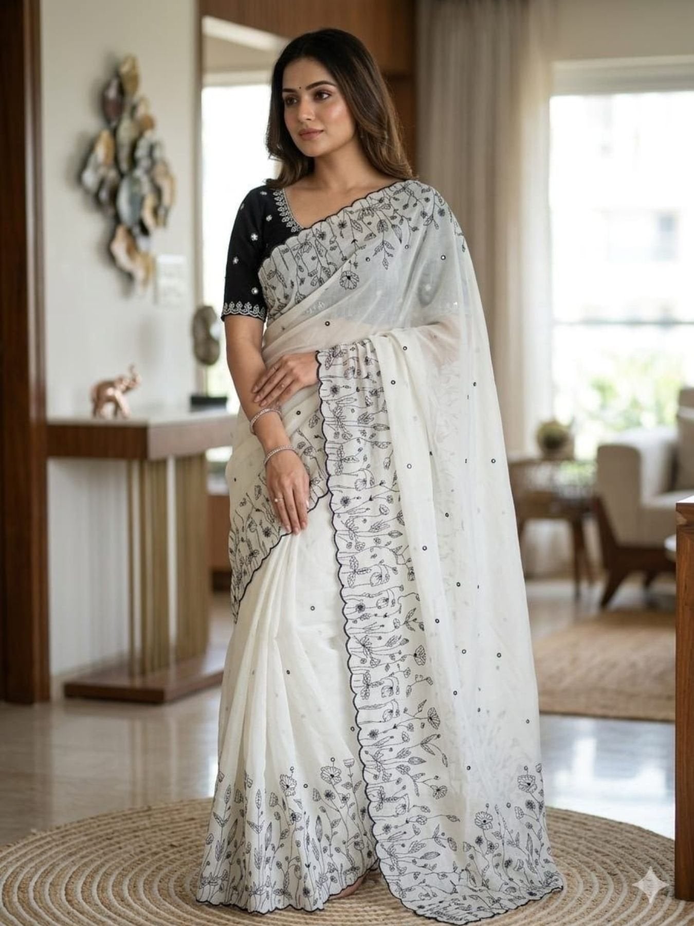 White Georgette Saree for women - full front view | Snyvia