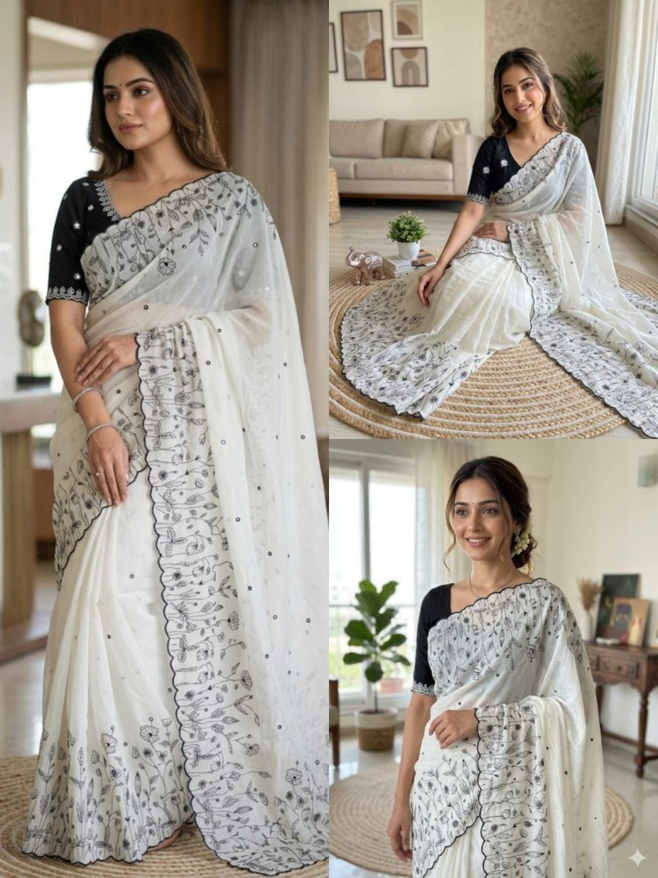 White Georgette Saree - drape and pallu detail