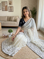 White Georgette Saree - blouse and border close-up