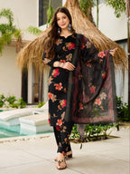 Black Floral Printed Silk Blend Kurta Set full set view