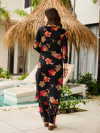Black Floral Printed Silk Blend Kurta Set dupatta detail