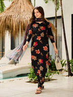 Black Floral Printed Silk Blend Kurta Set fabric texture detail