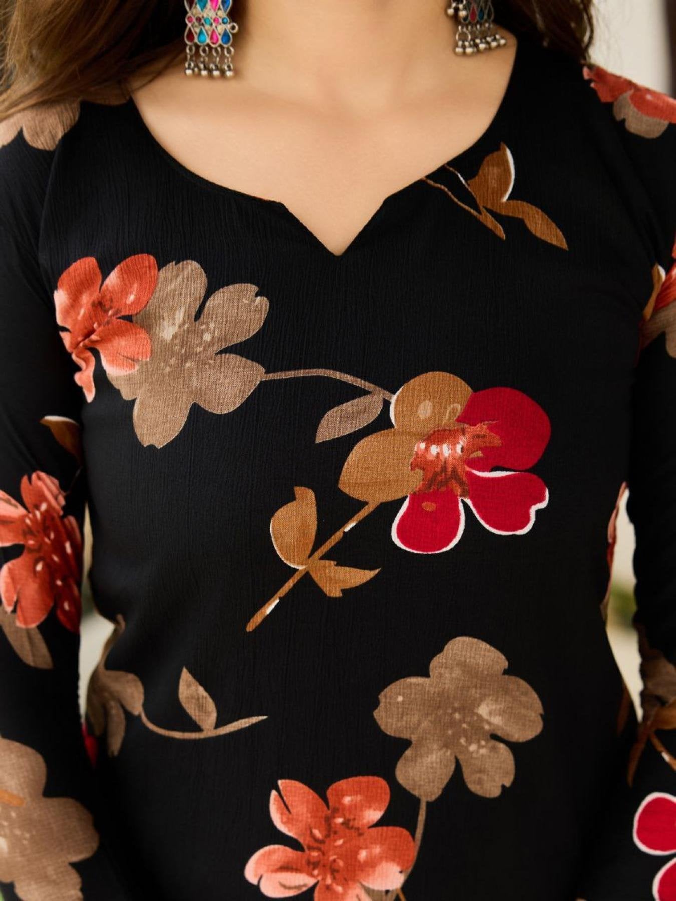 Black Floral Printed Silk Blend Kurta Set back view