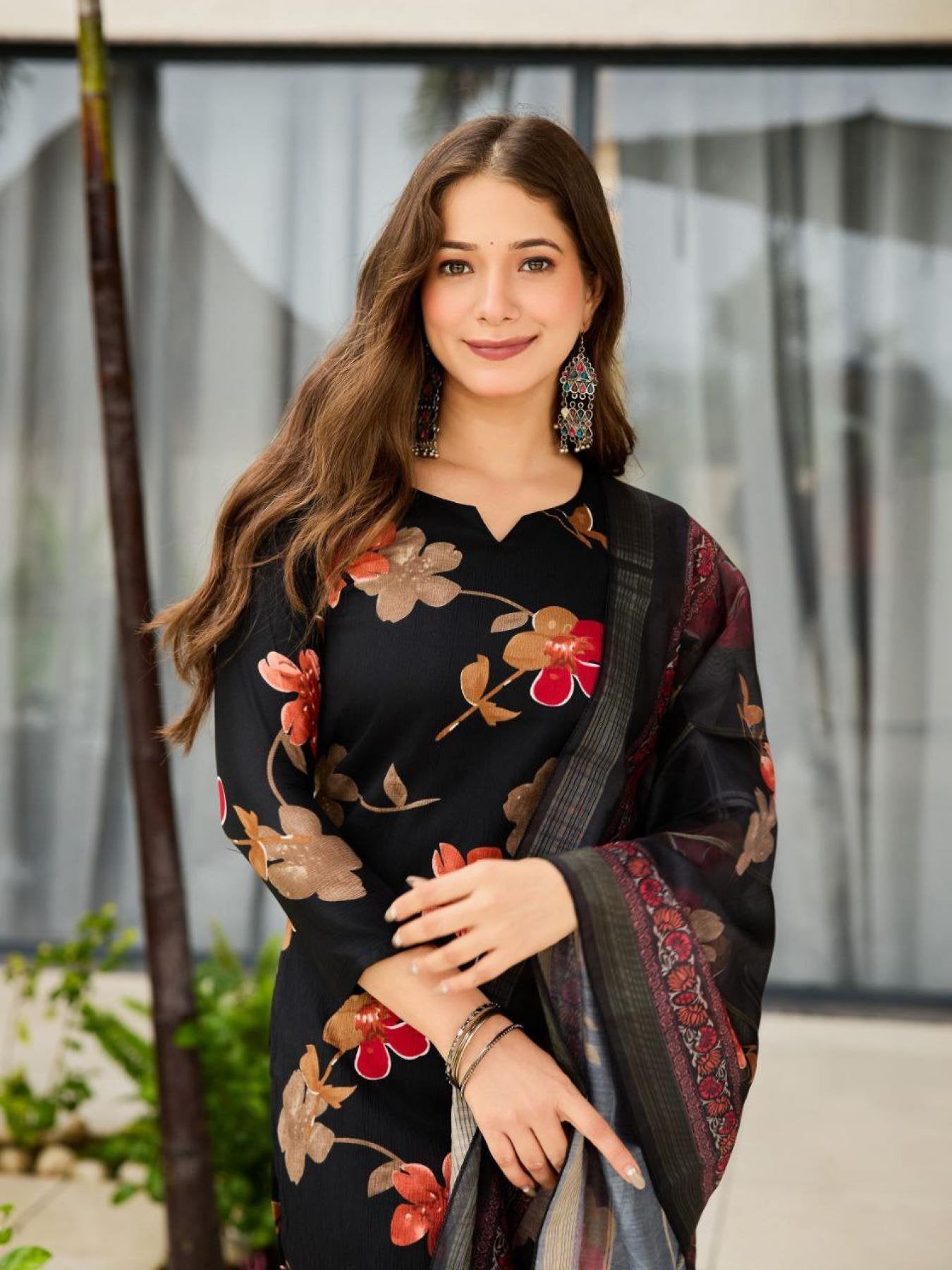 Black Floral Printed Silk Blend Kurta Set styling view