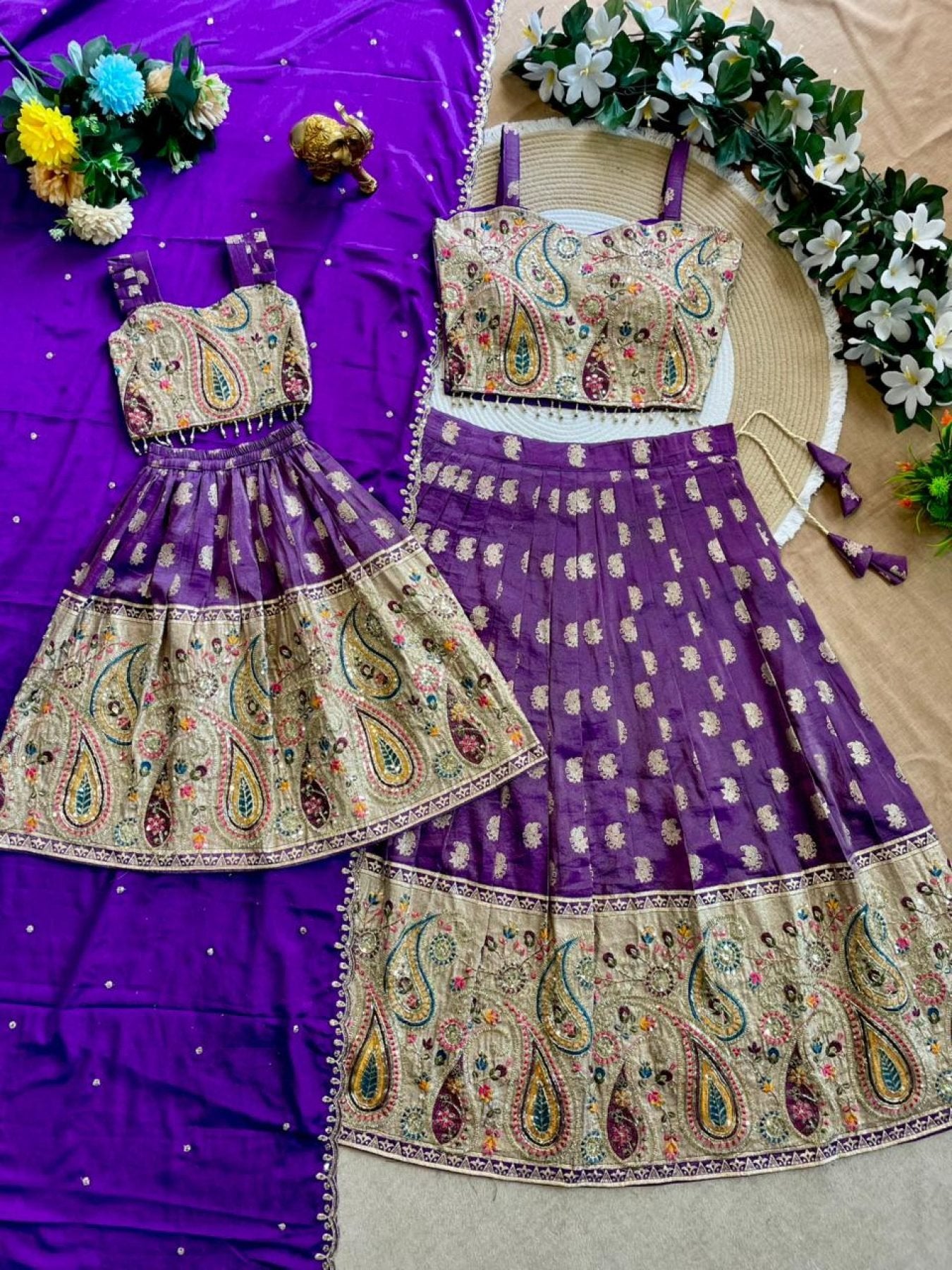 Durable Mother Daughter Matching Lehenga Choli Combo Set front view