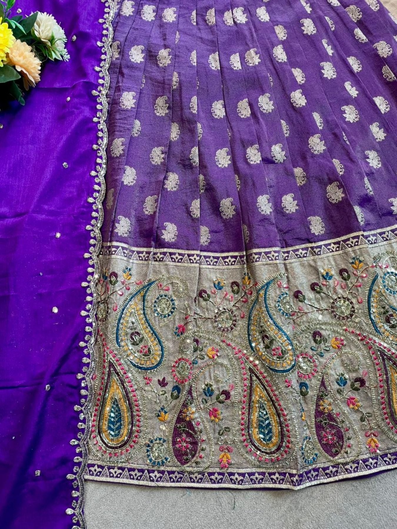 Orange Durable Mother Daughter Matching Lehenga Choli Combo Set full drape view