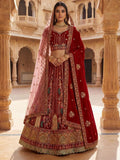 Red Durable Velvet Bridal Lehenga with Zari and Mirror Work for Wedding Wear for women | Snyvia