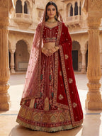 Red Durable Velvet Bridal Lehenga with Zari and Mirror Work for Wedding Wear for women | Snyvia